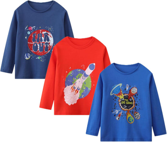Boys Long Sleeve T-Shirt Cotton Casual Winter Crewneck Basic Active Tops Tee Tunic Shirts 3 Packs Sets