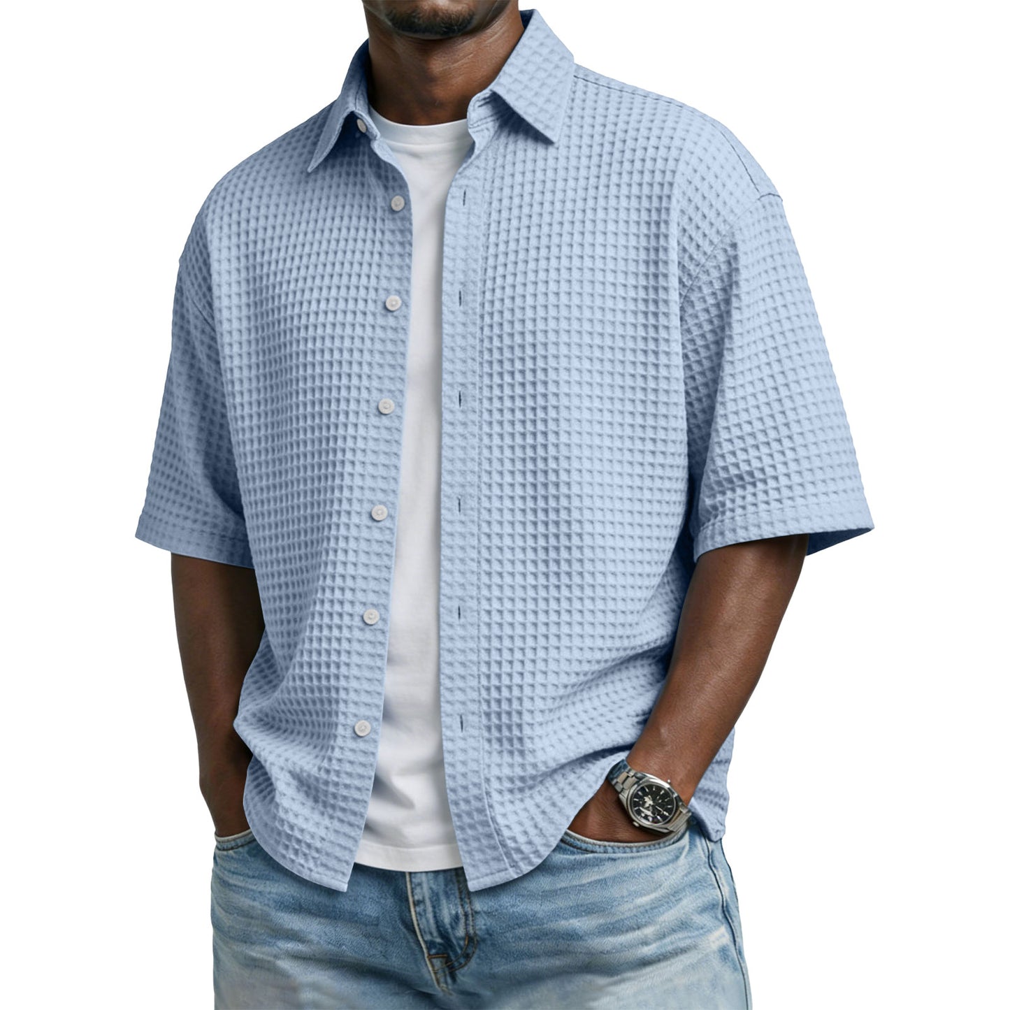 Men's Solid-Colored Waffle-Weave T-Shirt With Lapel Collar