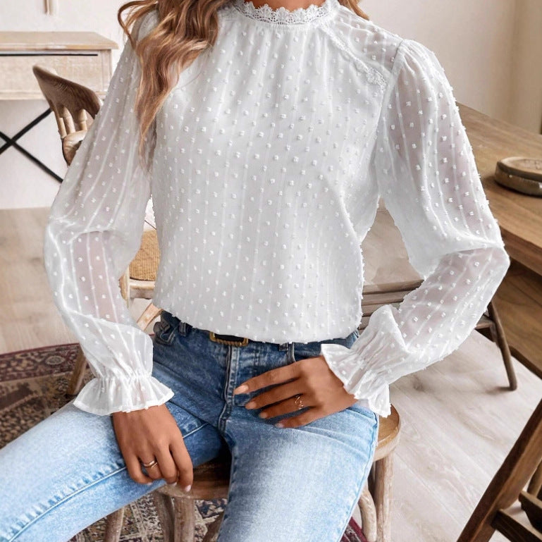Womens Solid-Color Elegant Lace-trimmed Crew-neck Long-sleeve Shirt