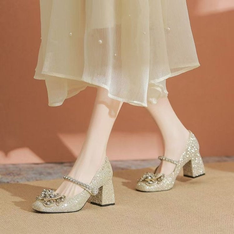 2025 New Champagne Rhinestone Bow Mary Jane Heels Fairy Style Ankle Strap Chunky Heel Pumps