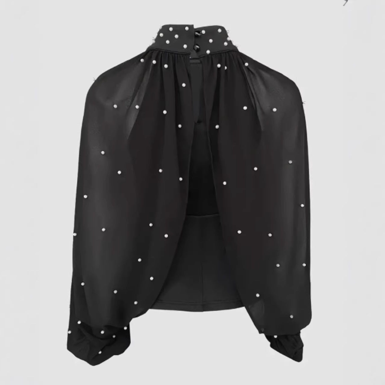 Womens Mesh Long-sleeve Thong Top With Puffed Sleeves And Beaded Detailing