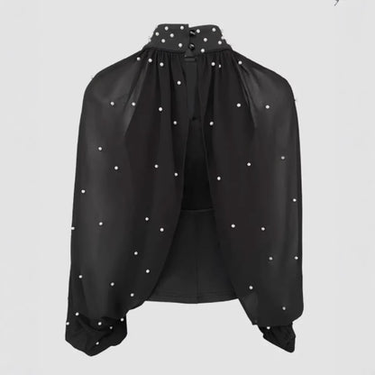 Womens Mesh Long-sleeve Thong Top With Puffed Sleeves And Beaded Detailing