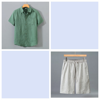 Men's Pure Linen Shorts and Short Sleeve Shirt Set - Summer Loose Casual Lightweight Outfit