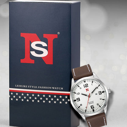 Mens Quartz Watch With A Leather Strap Large Dial And Calendar