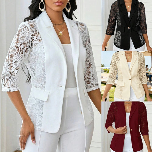 Womens Solid-Color Lace Hollowed-Out Three-Quarter-Sleeve Casual Jacket