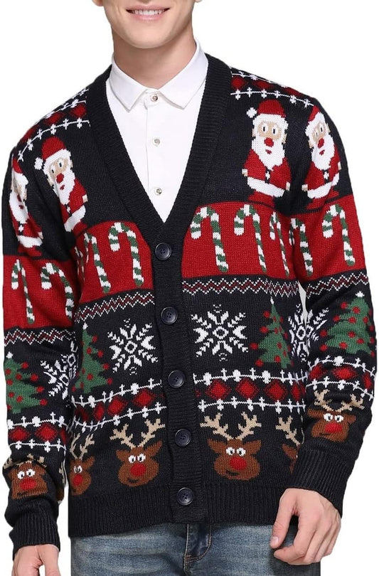 Men'S Christmas Rudolph Reindeer Holiday Festive Knitted Sweater Cardigan Cute Ugly Pullover Jumper