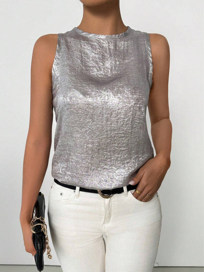 Womens Casual Sleeveless Solid-color Crew-neck Top