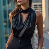 Womens Solid-Color Off-the-Shoulder High-Neck Halter Short-Sleeve Tank Top