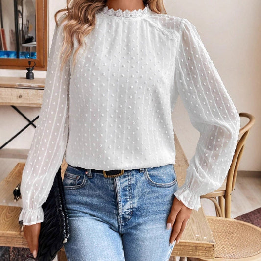 Womens Solid-Color Elegant Lace-trimmed Crew-neck Long-sleeve Shirt