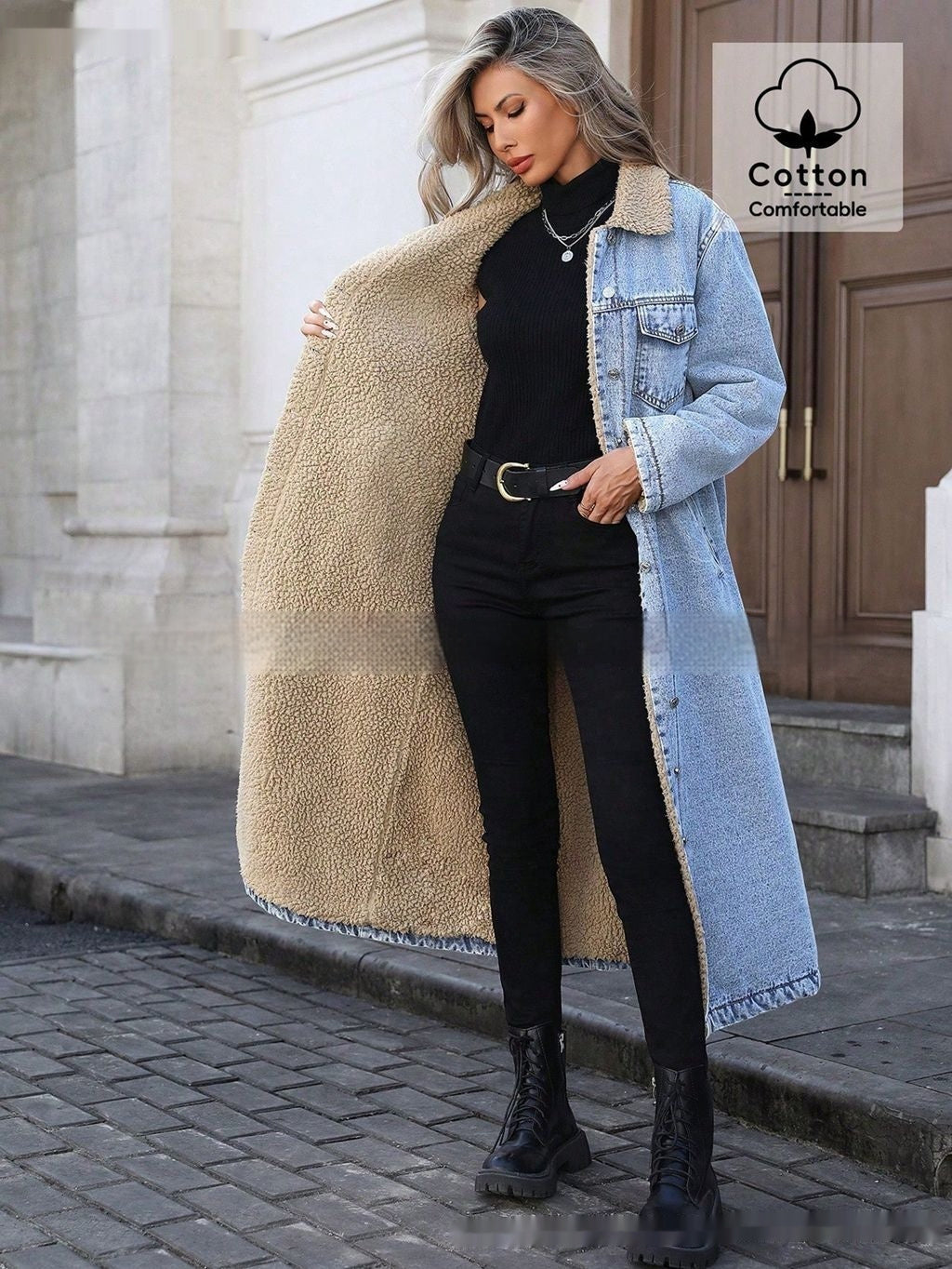Womens Loose, Long, Fleece-lined Cotton Denim Jacket