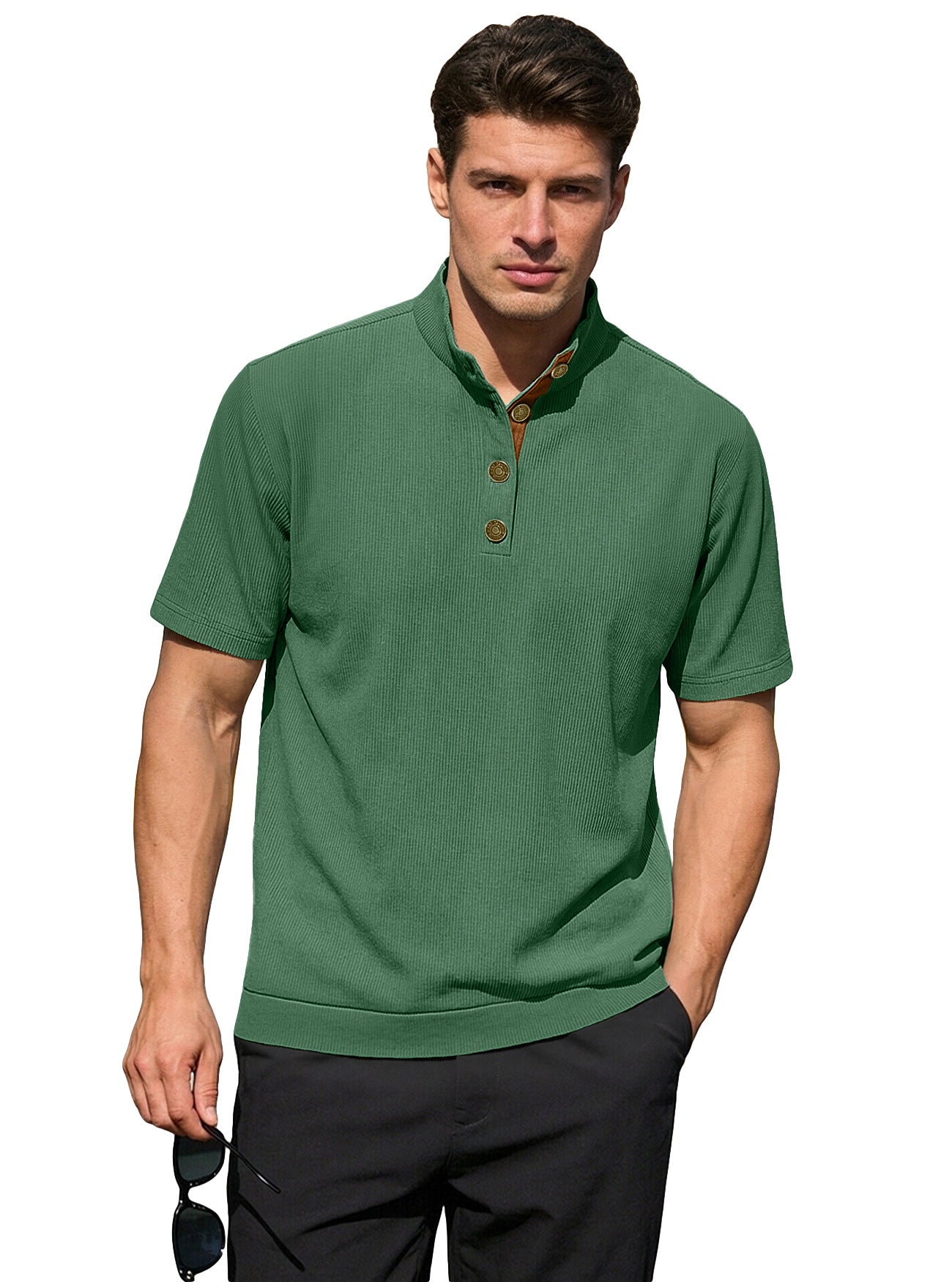 Men's Casual Stand-Up Collar Short-Sleeve Corduroy Knitted Pullover Shirt