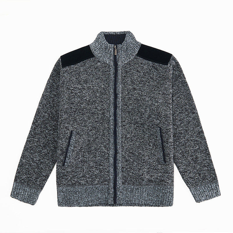 Mens Warm Knitted Cardigan With A Patchwork Stand-Up Collar Design Coat