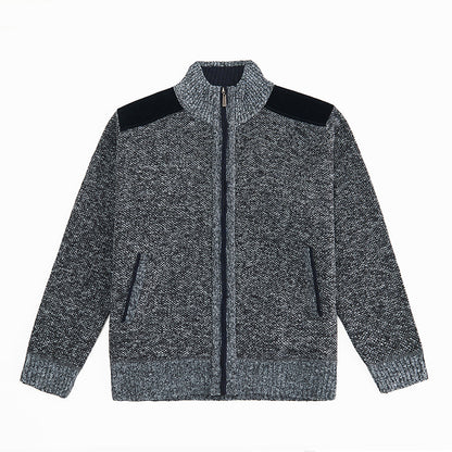 Mens Warm Knitted Cardigan With A Patchwork Stand-Up Collar Design Coat