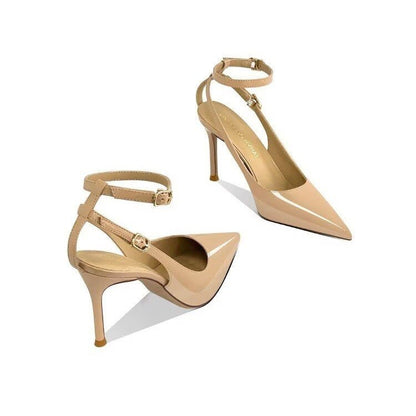 Women's Minimalist European & American Style Pointed Toe Patent Leather Stiletto Sandals, Ankle Strap, Slim Fit, Sexy Nightclub Shoes