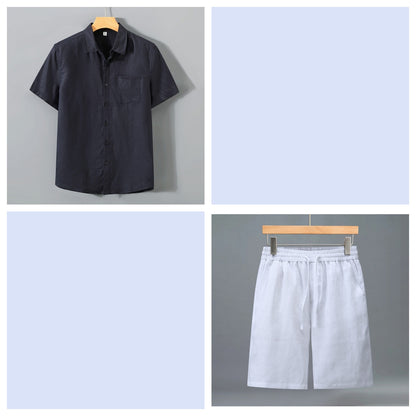 Men's Pure Linen Shorts and Short Sleeve Shirt Set - Summer Loose Casual Lightweight Outfit