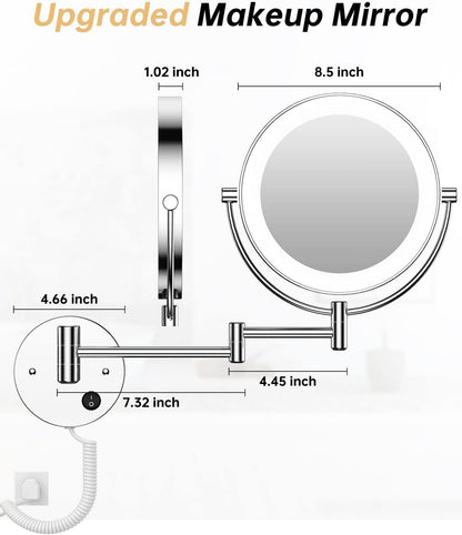 8.5" Wall Mounted Lighted Magnifying Mirror, 1X/10X Double-Sided Magnification round LED Cosmetic Vanity Bathroom Mirror Extendable Arm 360° Swivel for Shaving Makeup