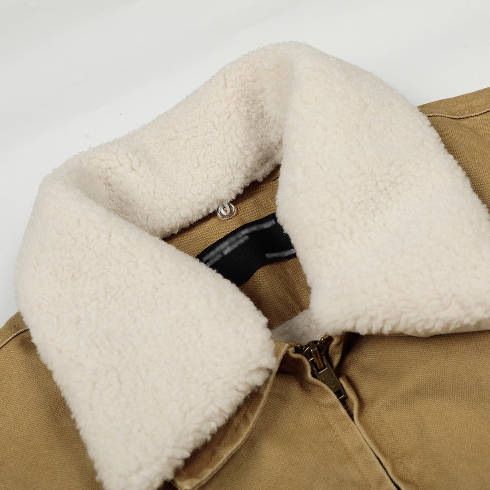 Contrasting Color Fleece-Lined Jacket With Fur Collar Men's Loose Fit