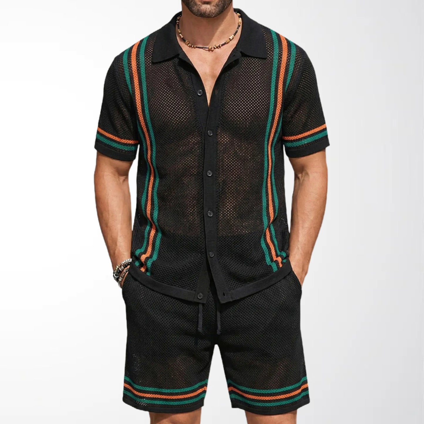 Men's Hollow-Out Short-Sleeve Knitted Sweater Set