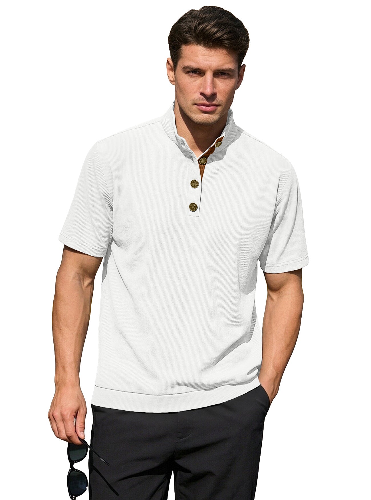 Men's Casual Stand-Up Collar Short-Sleeve Corduroy Knitted Pullover Shirt