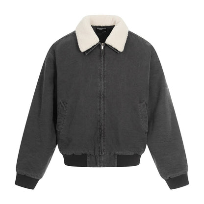Contrasting Color Fleece-Lined Jacket With Fur Collar Men's Loose Fit