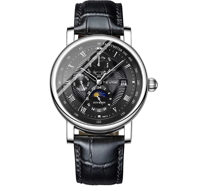 Men's Mechanical With Tourbillon High-End Moon Phase And Starry Sky Design Water-Resistant Watch