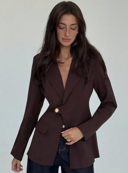 Womens Solid-Color V-Neck Elegant Slim-Fit Blazer