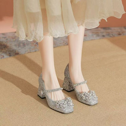 2025 New Champagne Rhinestone Bow Mary Jane Heels Fairy Style Ankle Strap Chunky Heel Pumps