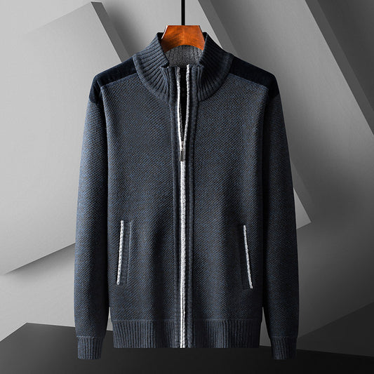 Mens Warm Knitted Cardigan With A Patchwork Stand-Up Collar Design Coat