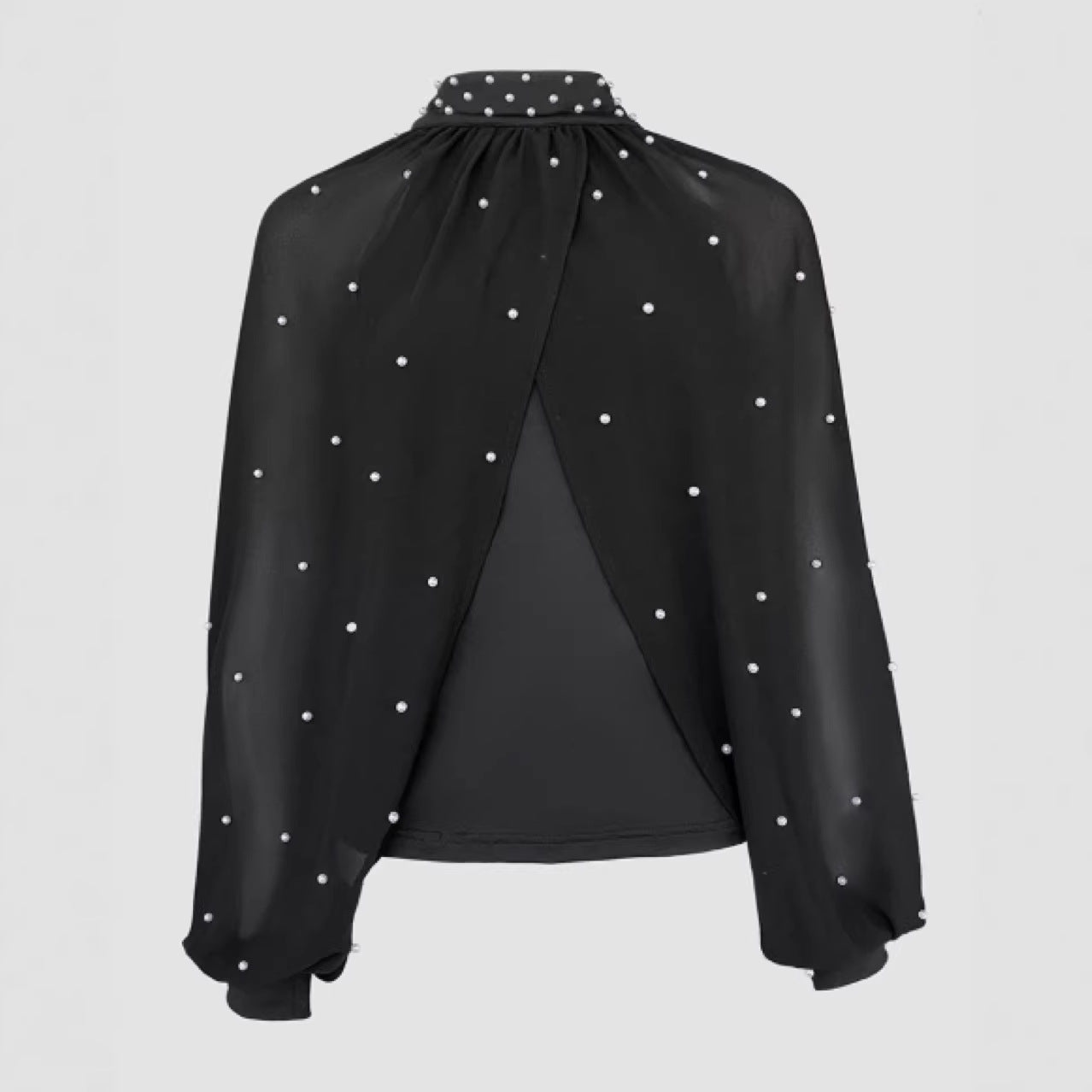 Womens Mesh Long-sleeve Thong Top With Puffed Sleeves And Beaded Detailing