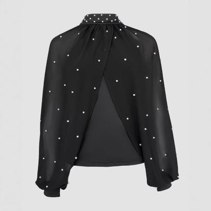 Womens Mesh Long-sleeve Thong Top With Puffed Sleeves And Beaded Detailing