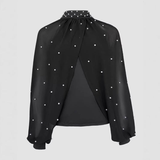 Womens Mesh Long-sleeve Thong Top With Puffed Sleeves And Beaded Detailing