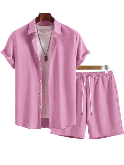 Men's Solid Color Lapel Short-Sleeve Shirt And Shorts Set