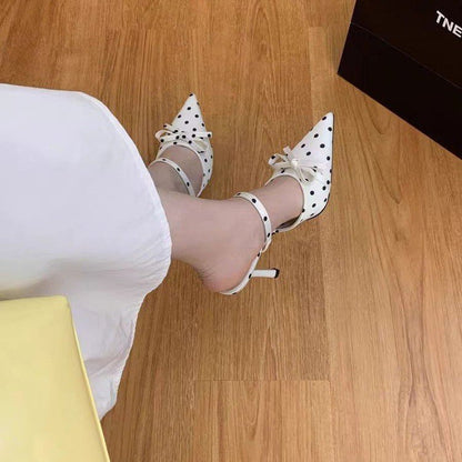 2026 Summer New Women's Polka Dot Pointed Toe High Heels, Bow Backless Mule Sandals, Slim Heel Closed Toe Slide Sandals For Women