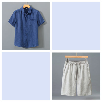Men's Pure Linen Shorts and Short Sleeve Shirt Set - Summer Loose Casual Lightweight Outfit